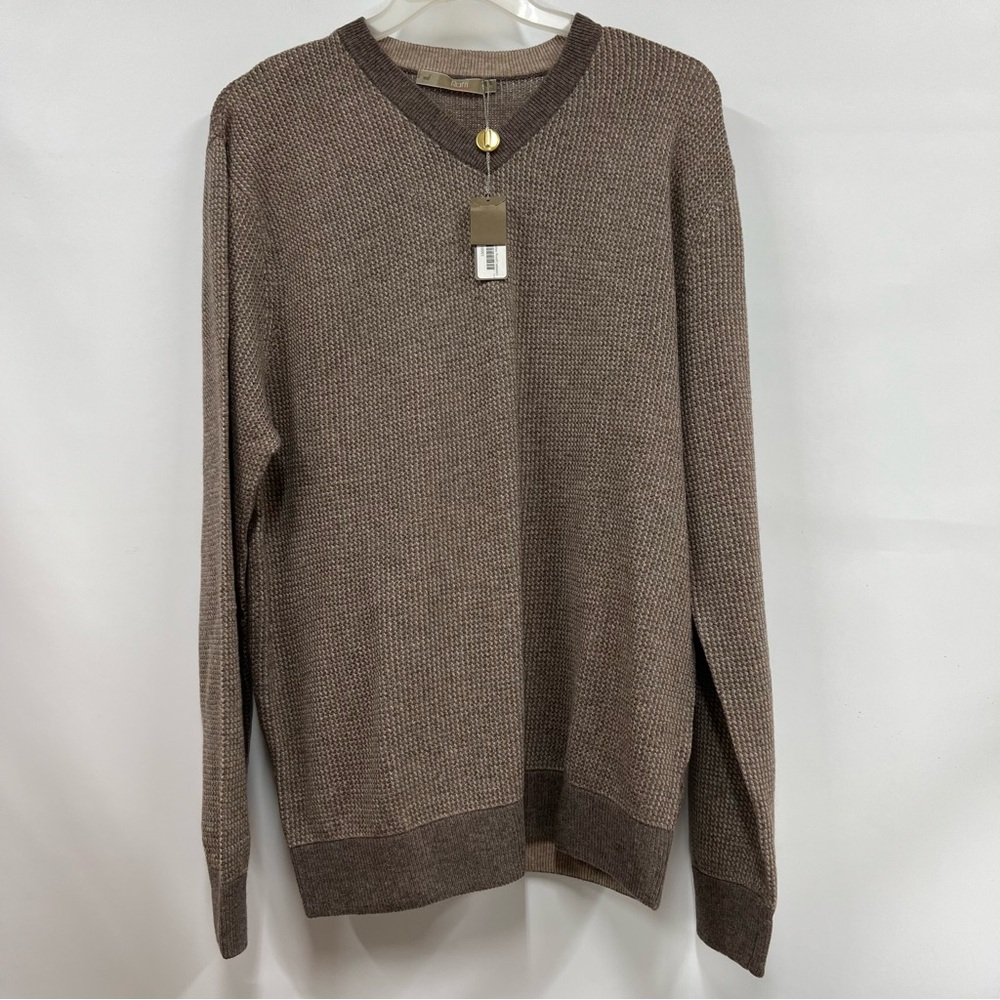 Raffi Men's L/52 wool Cashmere textured coffee V-Neck Sweater NWT